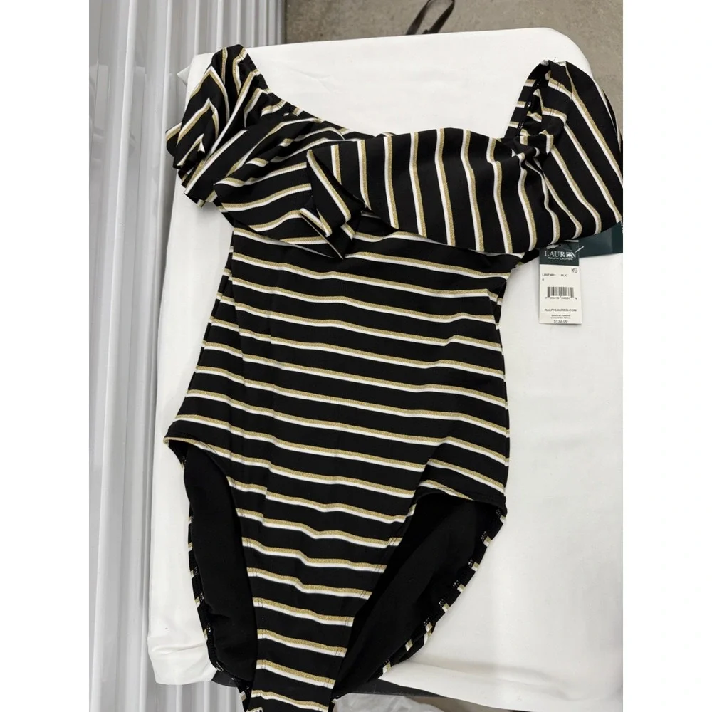Lauren Ralph Lauren Off The Shoulder One Piece Swimsuit SZ 8 WHITE, BLACK, GOLD‎